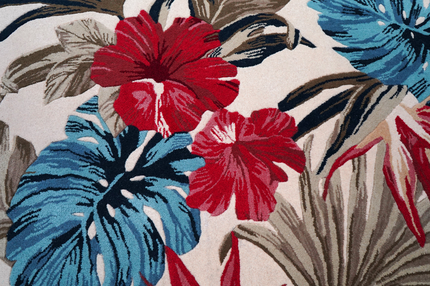 Tropical Palm Leaves Floral Hand Tufted Wool Area Rug - Blue Pink Beige Cut Pile Custom Sizes