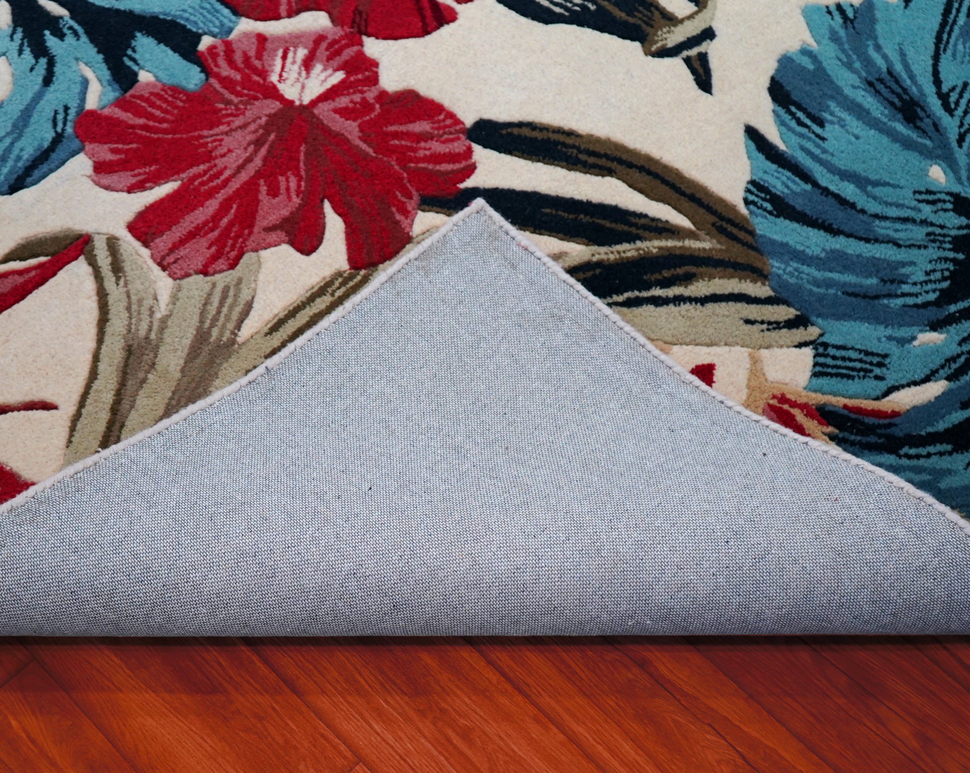 Tropical Palm Leaves Floral Hand Tufted Wool Area Rug - Blue Pink Beige Cut Pile Custom Sizes