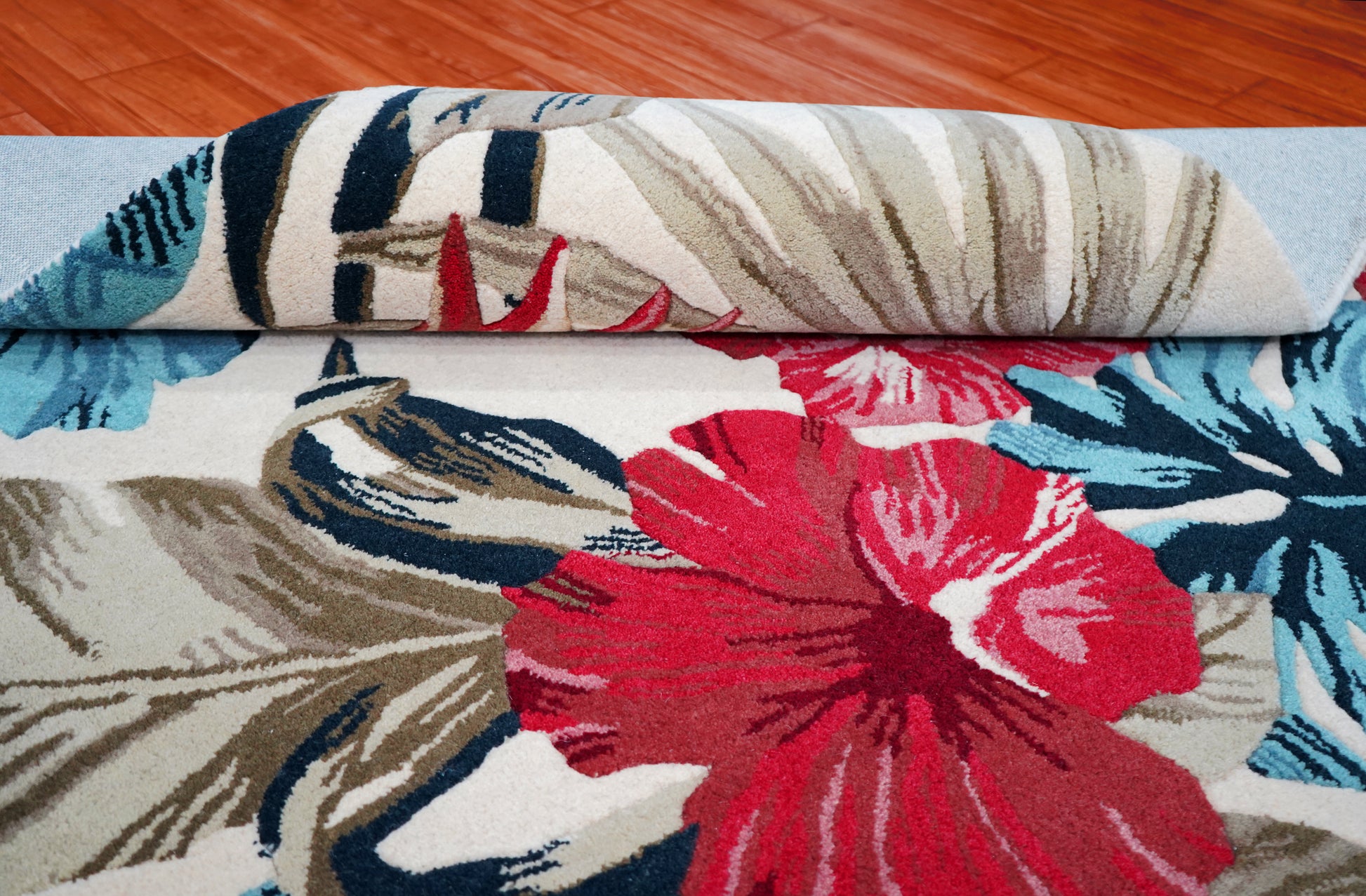 Tropical Palm Leaves Floral Hand Tufted Wool Area Rug - Blue Pink Beige Cut Pile Custom Sizes