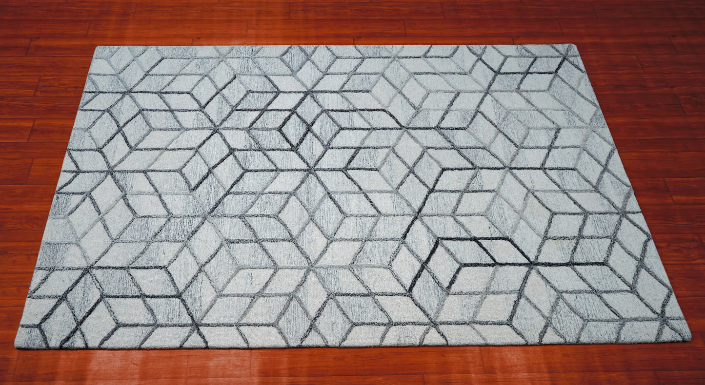 Grey Ivory Geometric Hexagon 3D Hand Tufted Wool Area Rug - Cut Pile Contemporary Custom Sizes