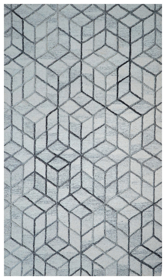 Grey Ivory Geometric Hexagon 3D Hand Tufted Wool Area Rug - Cut Pile Contemporary Custom Sizes