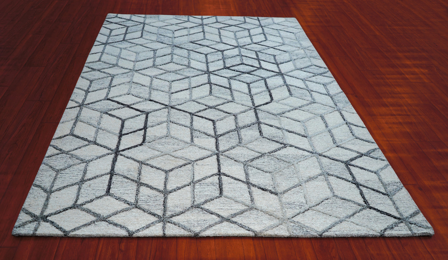 Grey Ivory Geometric Hexagon 3D Hand Tufted Wool Area Rug - Cut Pile Contemporary Custom Sizes