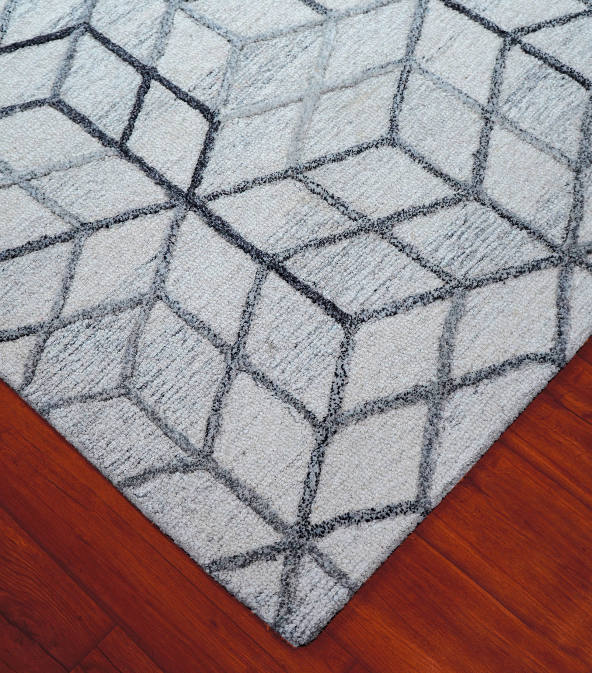 Grey Ivory Geometric Hexagon 3D Hand Tufted Wool Area Rug - Cut Pile Contemporary Custom Sizes