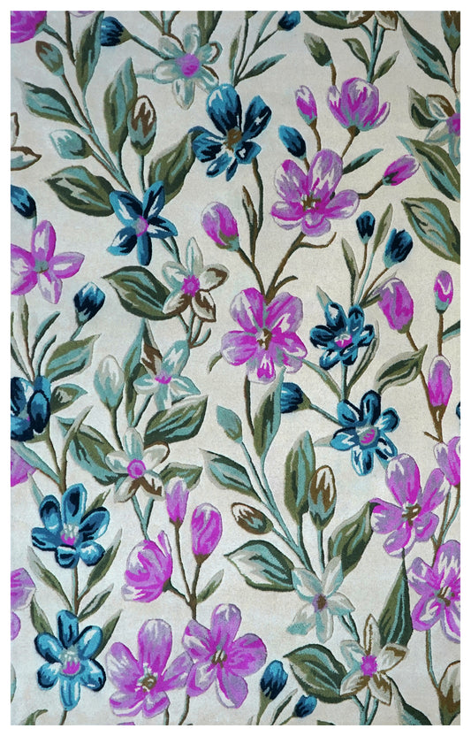 Purple Teal Watercolor Floral Hand Tufted Wool Area Rug - White Cut Pile Botanical Custom Sizes