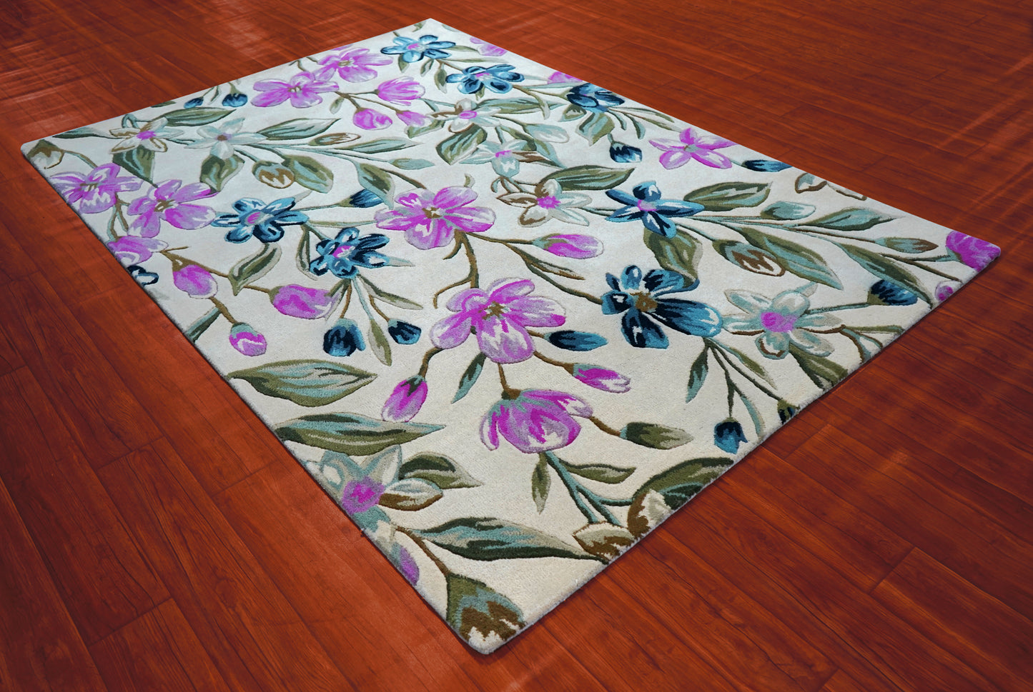 Purple Teal Watercolor Floral Hand Tufted Wool Area Rug - White Cut Pile Botanical Custom Sizes