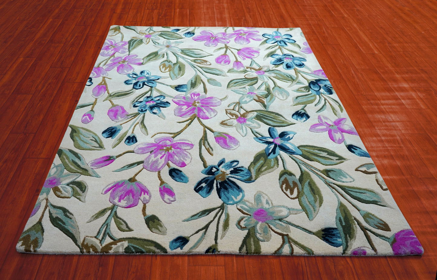 Purple Teal Watercolor Floral Hand Tufted Wool Area Rug - White Cut Pile Botanical Custom Sizes