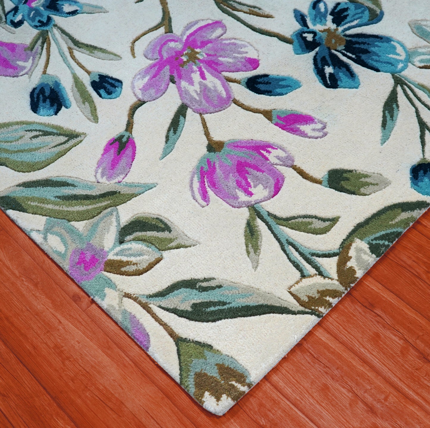 Purple Teal Watercolor Floral Hand Tufted Wool Area Rug - White Cut Pile Botanical Custom Sizes