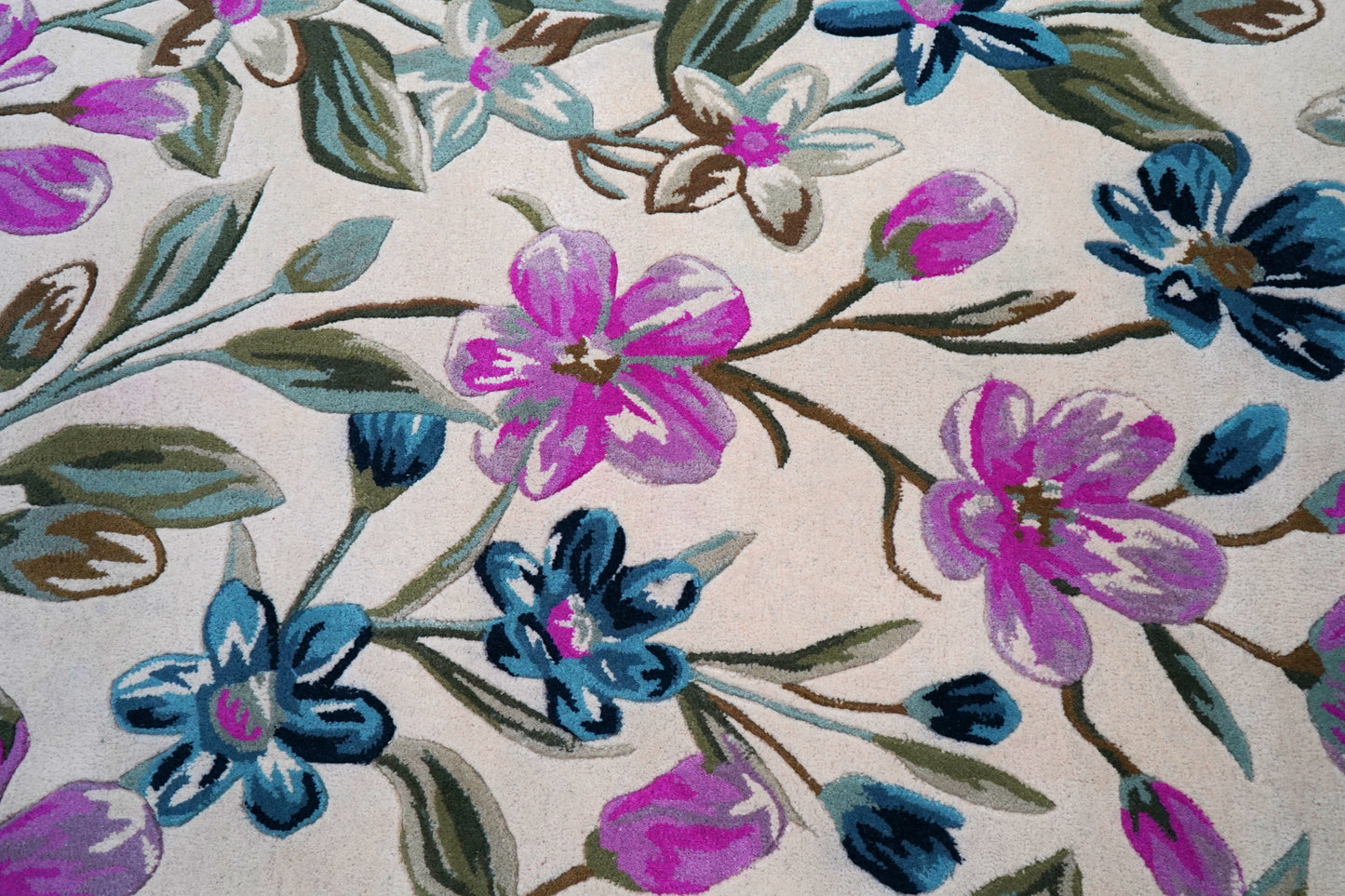 Purple Teal Watercolor Floral Hand Tufted Wool Area Rug - White Cut Pile Botanical Custom Sizes