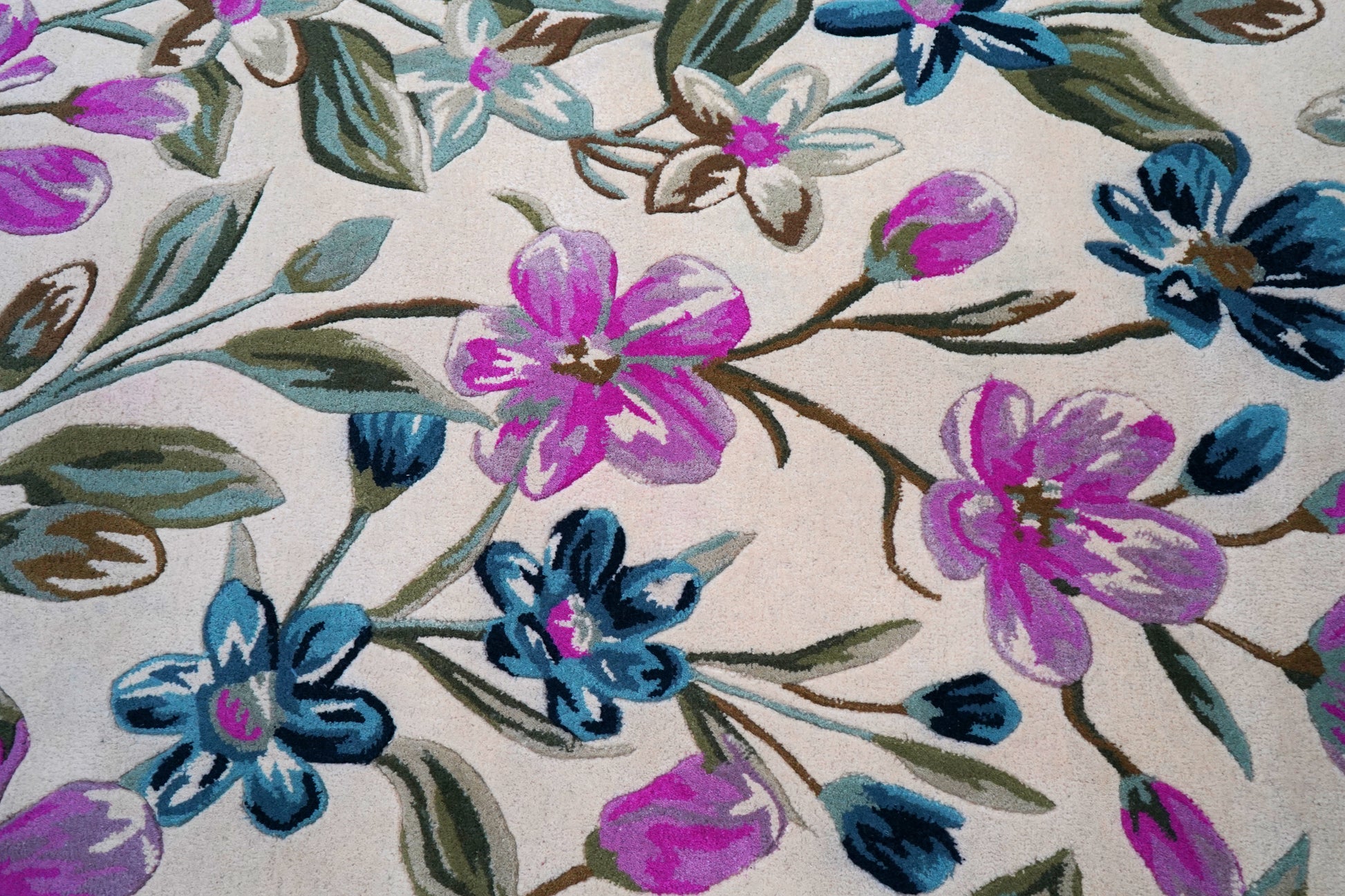 Purple Teal Watercolor Floral Hand Tufted Wool Area Rug - White Cut Pile Botanical Custom Sizes