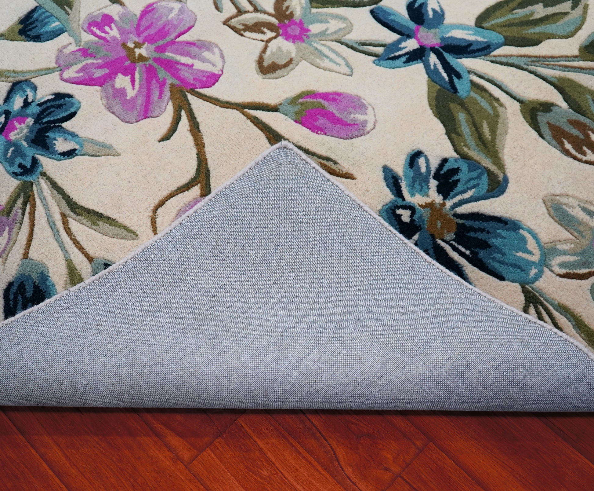 Purple Teal Watercolor Floral Hand Tufted Wool Area Rug - White Cut Pile Botanical Custom Sizes