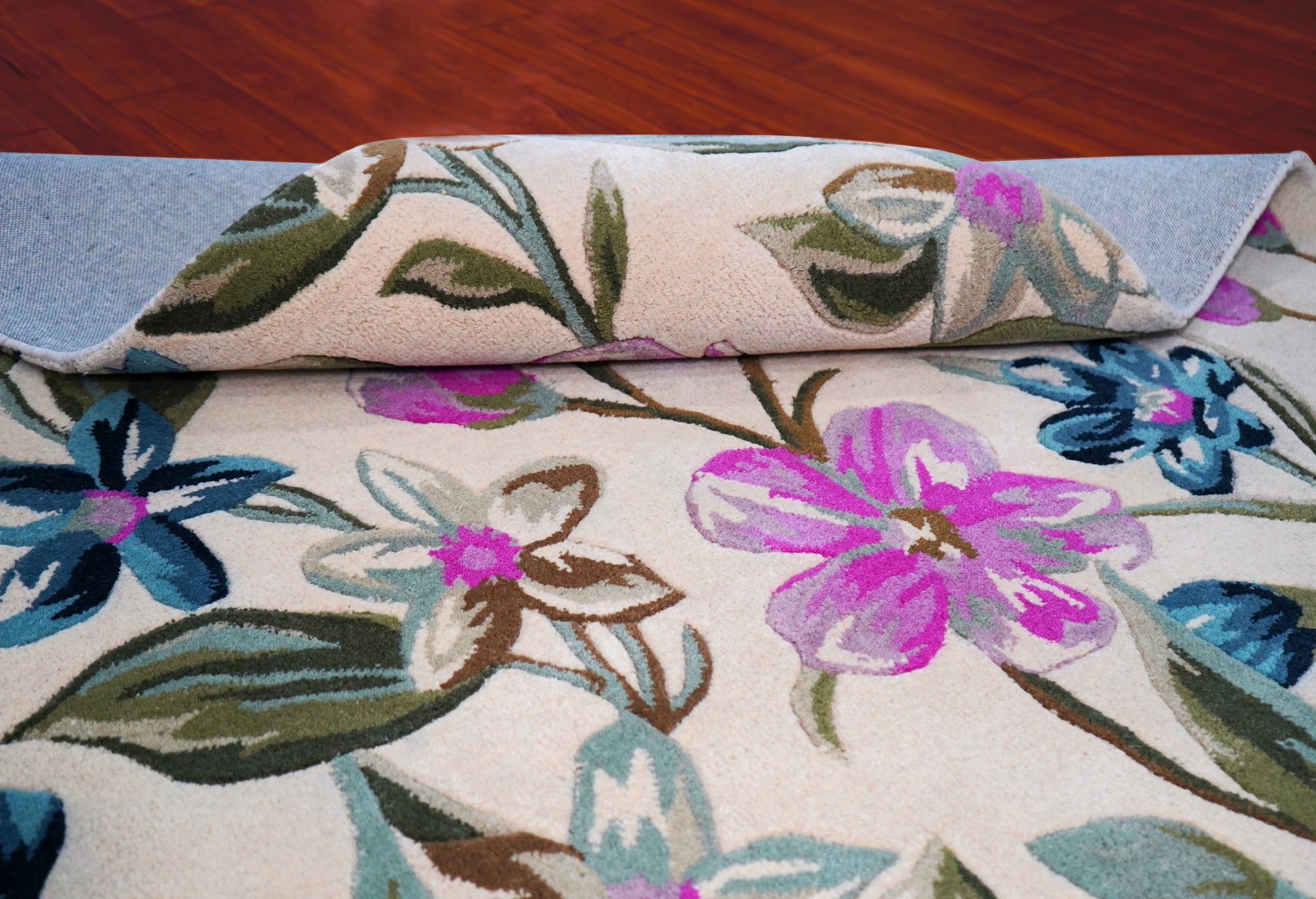 Purple Teal Watercolor Floral Hand Tufted Wool Area Rug - White Cut Pile Botanical Custom Sizes