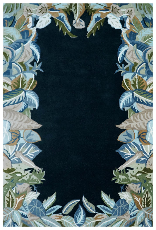 Navy Tropical Border Hand Tufted Wool Area Rug - Green Beige Palm Leaves Cut Pile Custom Sizes