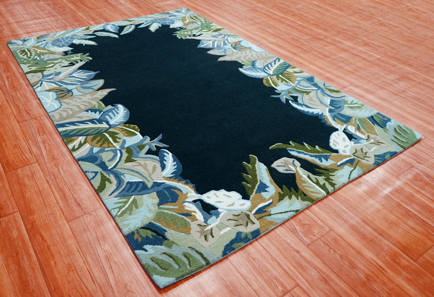 Navy Tropical Border Hand Tufted Wool Area Rug - Green Beige Palm Leaves Cut Pile Custom Sizes