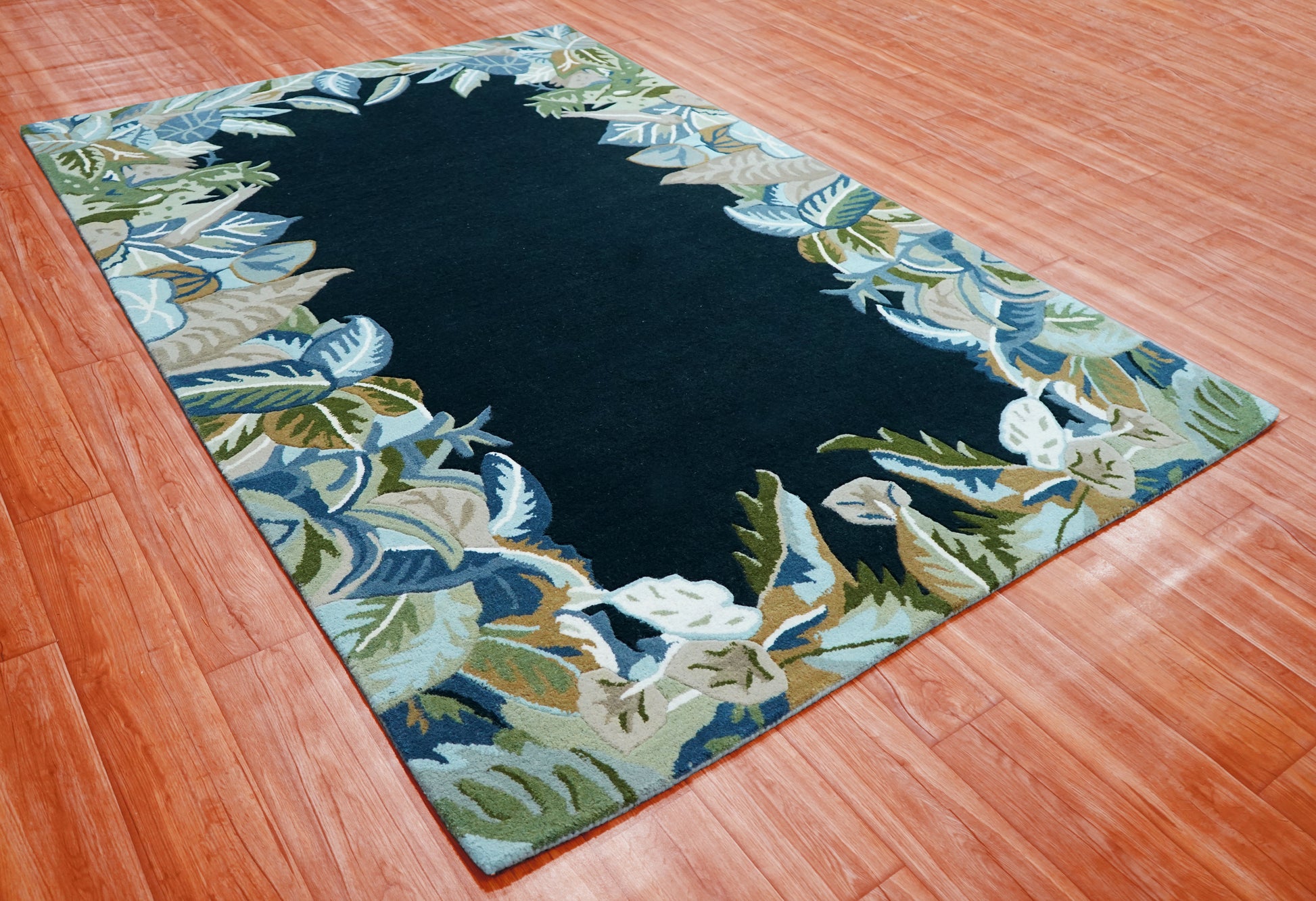 Navy Tropical Border Hand Tufted Wool Area Rug - Green Beige Palm Leaves Cut Pile Custom Sizes