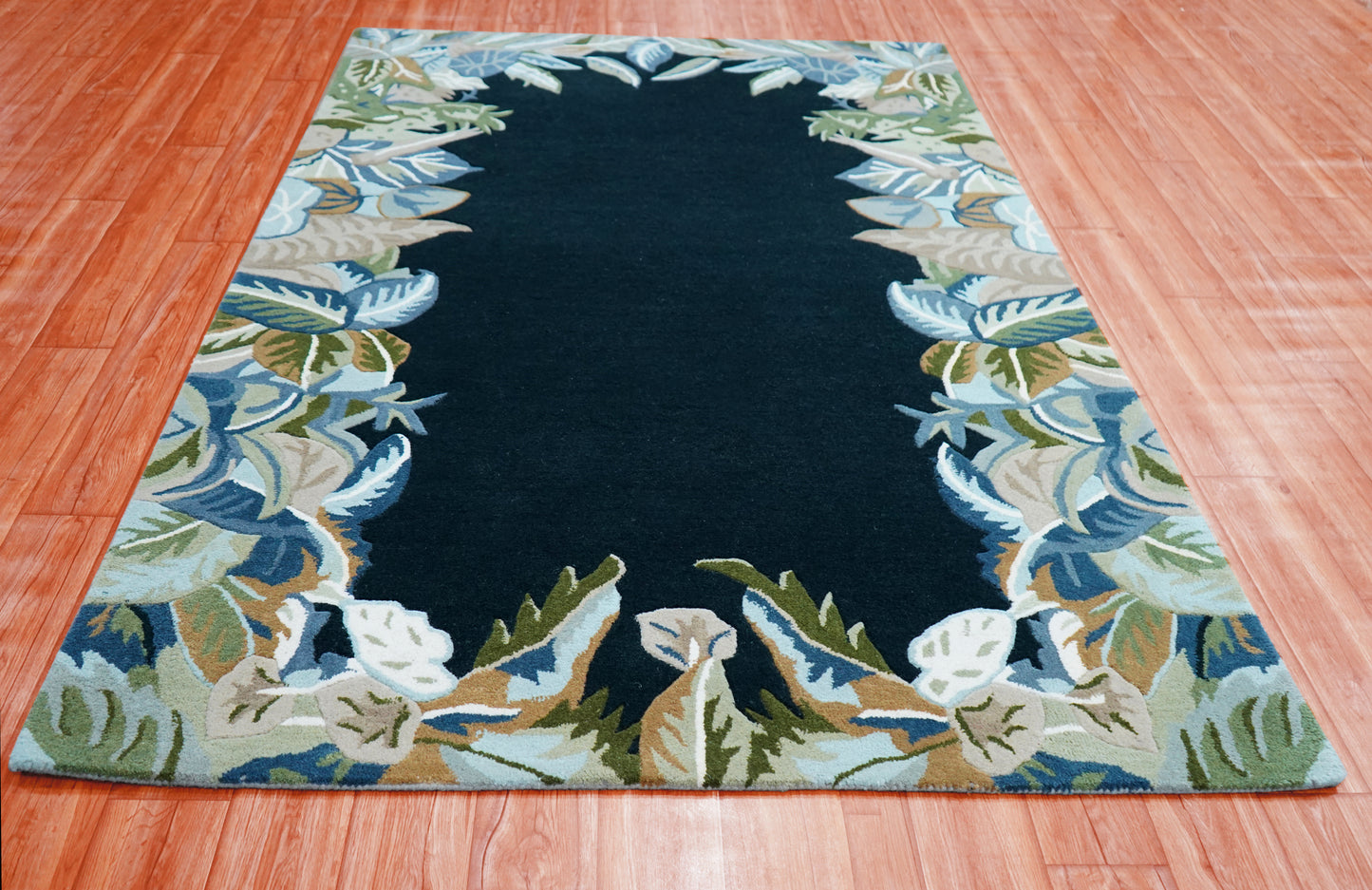 Navy Tropical Border Hand Tufted Wool Area Rug - Green Beige Palm Leaves Cut Pile Custom Sizes