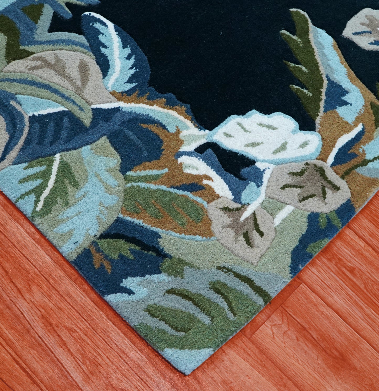 Navy Tropical Border Hand Tufted Wool Area Rug - Green Beige Palm Leaves Cut Pile Custom Sizes