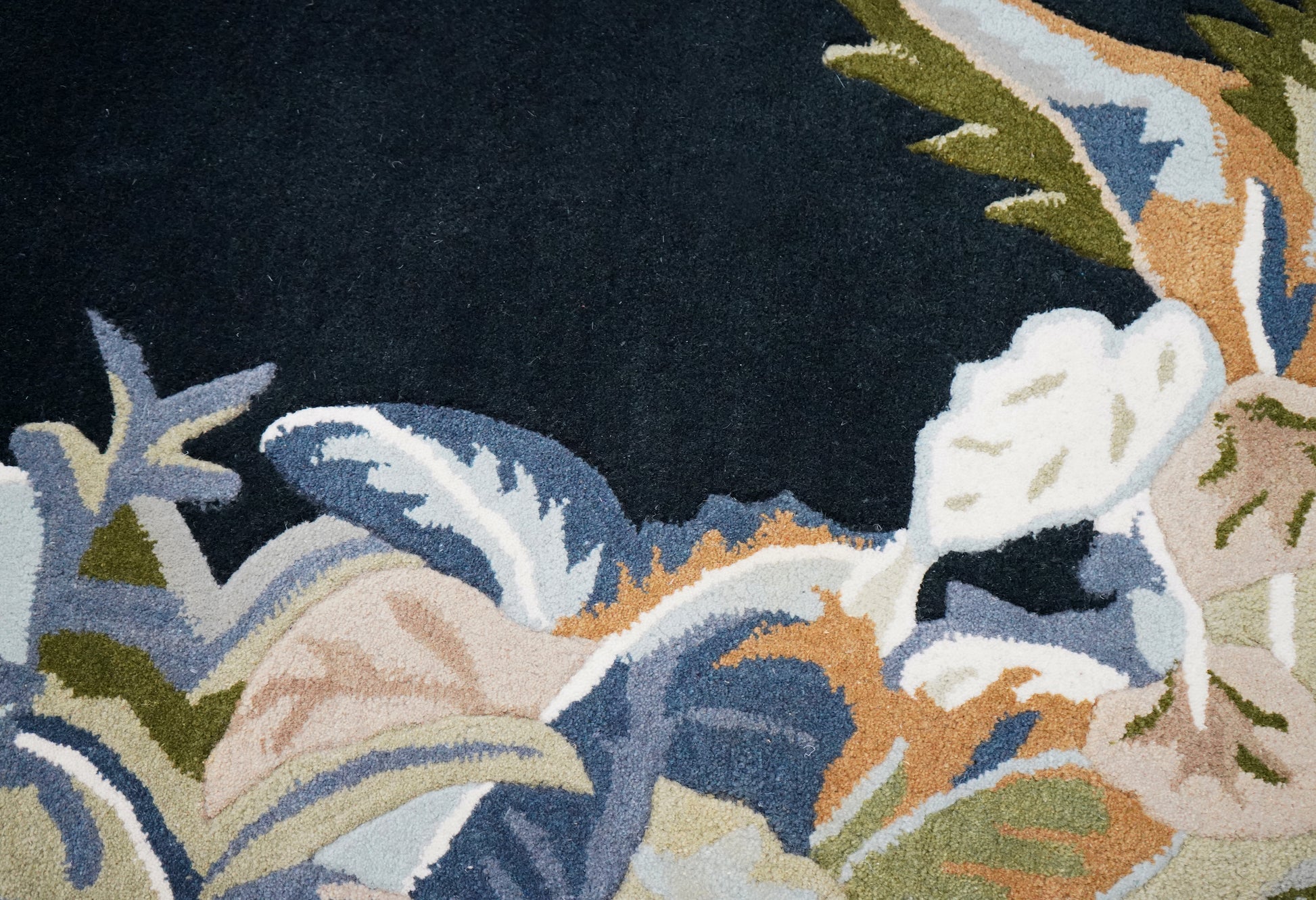 Navy Tropical Border Hand Tufted Wool Area Rug - Green Beige Palm Leaves Cut Pile Custom Sizes