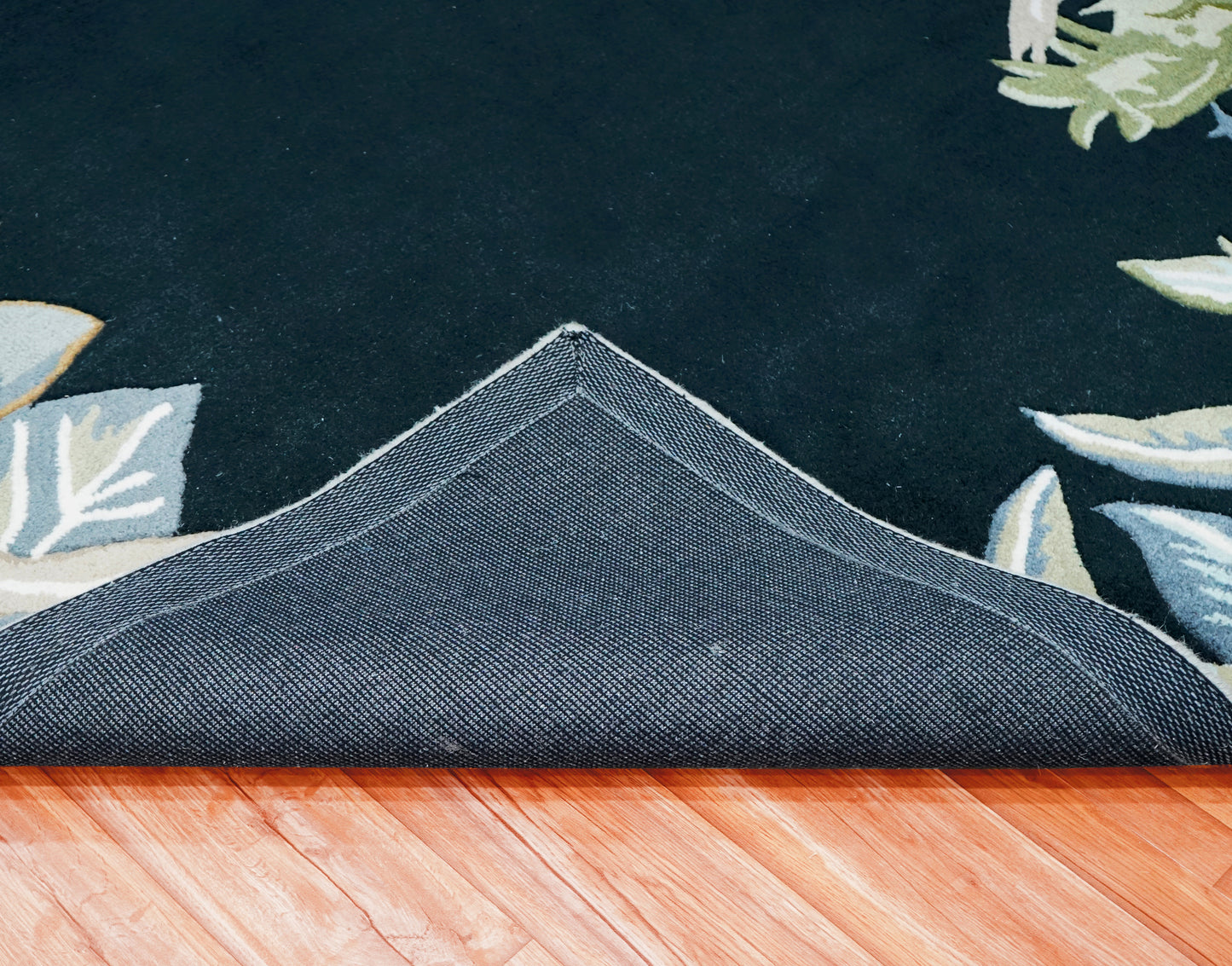 Navy Tropical Border Hand Tufted Wool Area Rug - Green Beige Palm Leaves Cut Pile Custom Sizes