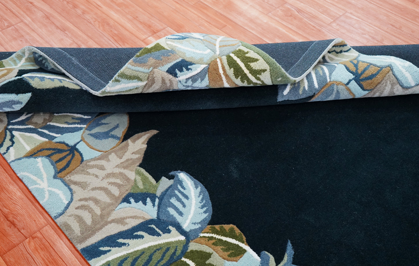 Navy Tropical Border Hand Tufted Wool Area Rug - Green Beige Palm Leaves Cut Pile Custom Sizes
