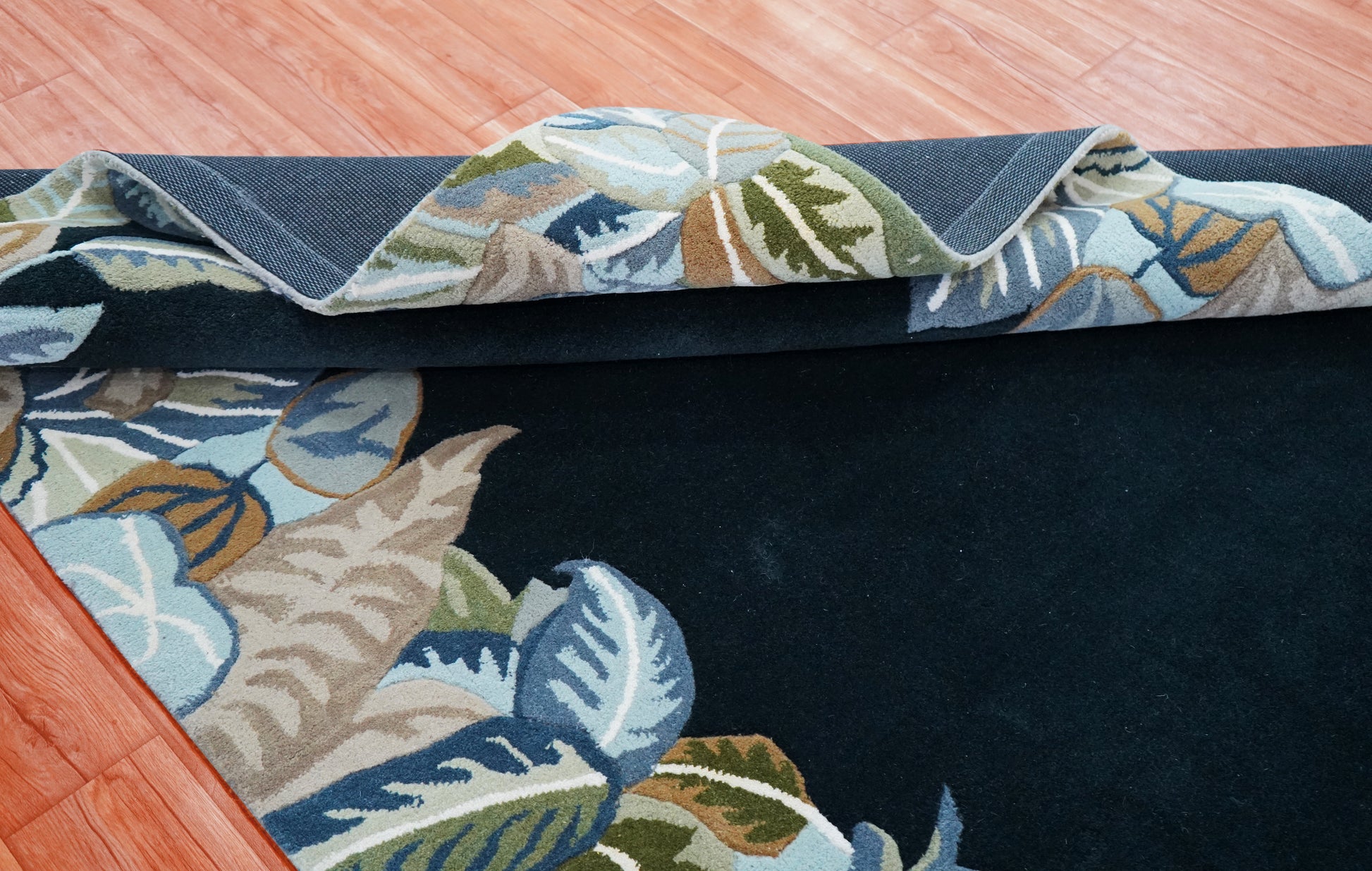 Navy Tropical Border Hand Tufted Wool Area Rug - Green Beige Palm Leaves Cut Pile Custom Sizes