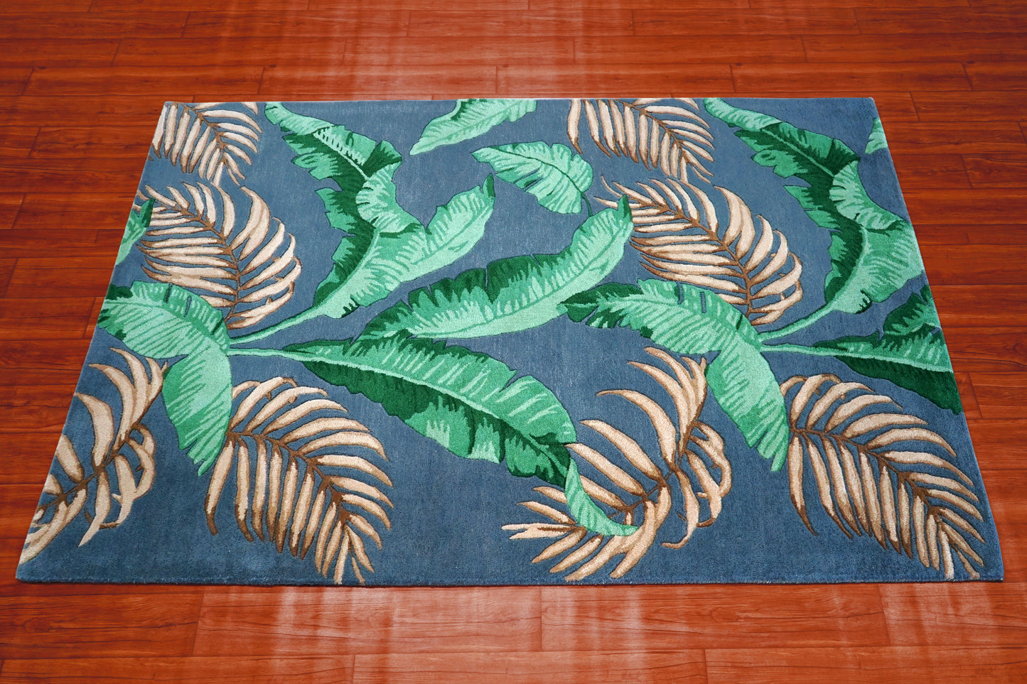 Navy Blue Green Tropical Palm Leaves Hand Tufted Wool Area Rug - Cut Pile Botanical Custom Sizes