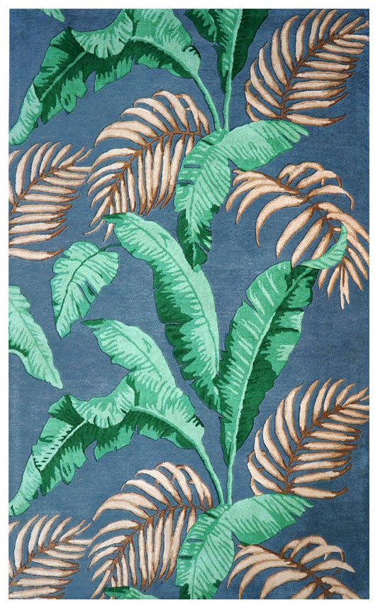 Navy Blue Green Tropical Palm Leaves Hand Tufted Wool Area Rug - Cut Pile Botanical Custom Sizes