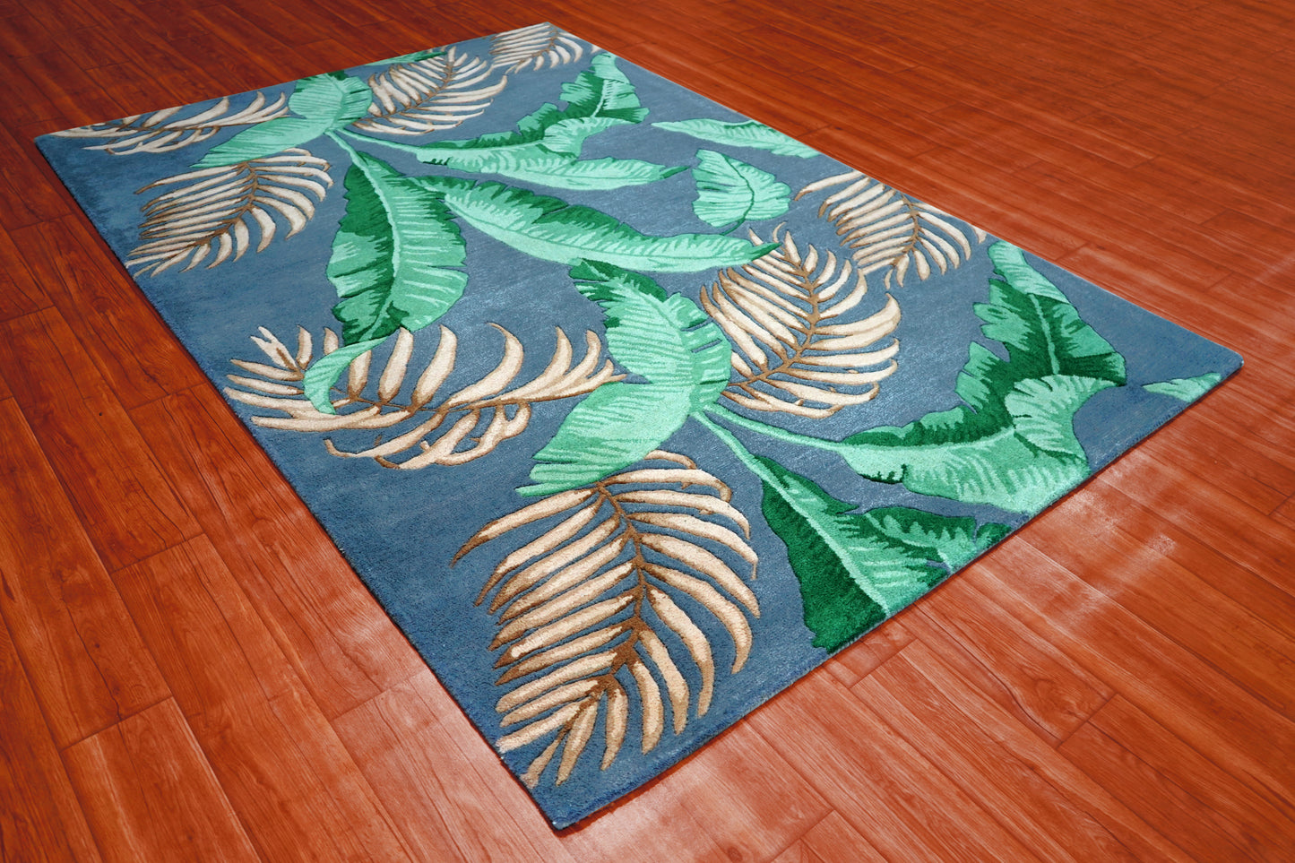 Navy Blue Green Tropical Palm Leaves Hand Tufted Wool Area Rug - Cut Pile Botanical Custom Sizes