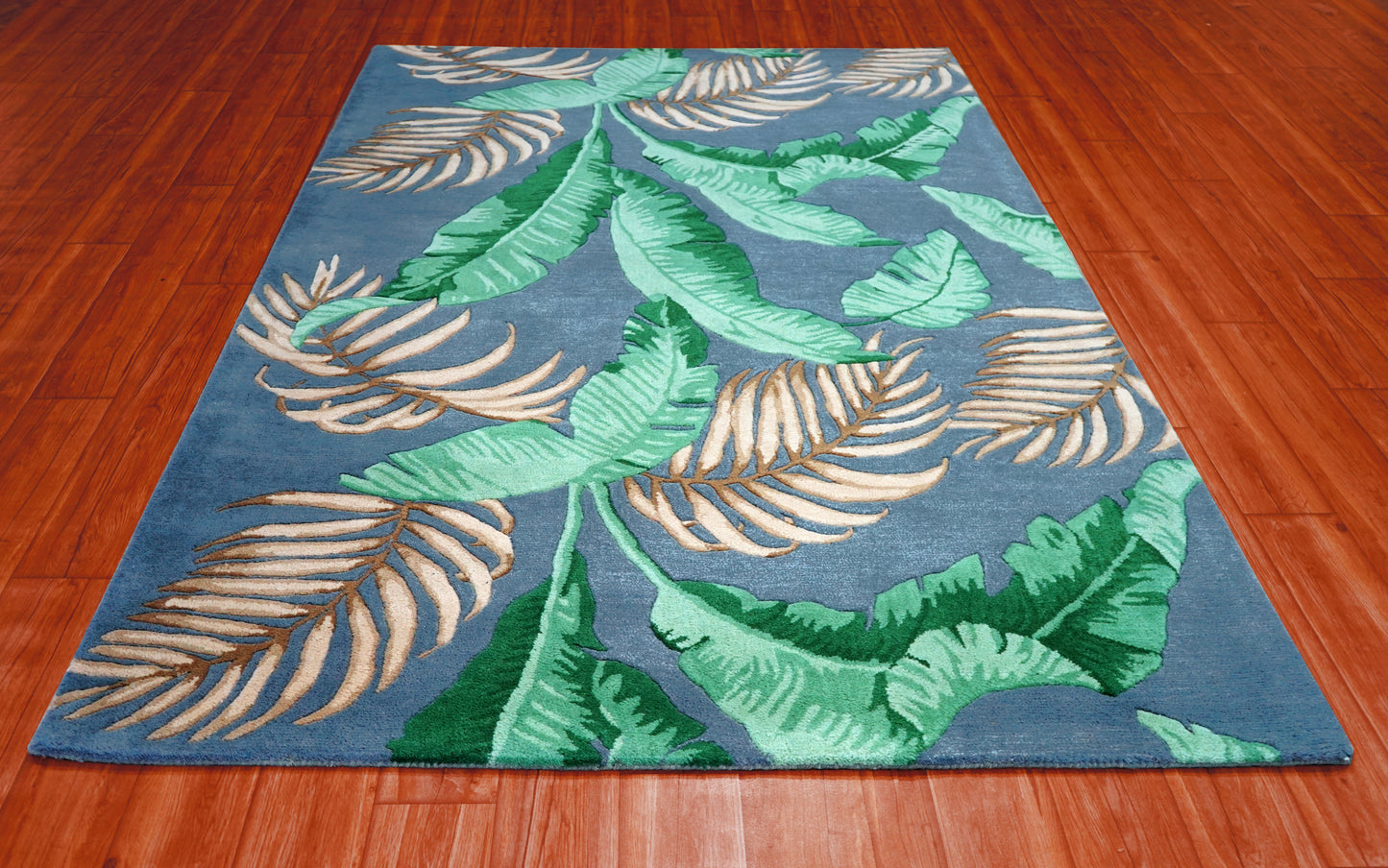 Navy Blue Green Tropical Palm Leaves Hand Tufted Wool Area Rug - Cut Pile Botanical Custom Sizes