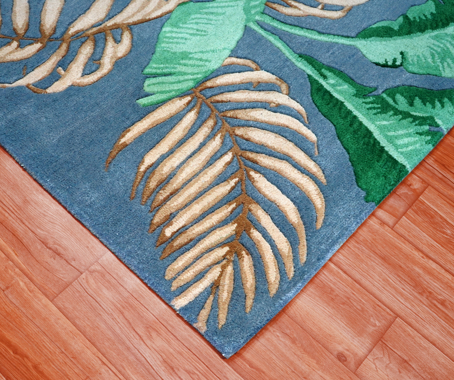 Navy Blue Green Tropical Palm Leaves Hand Tufted Wool Area Rug - Cut Pile Botanical Custom Sizes