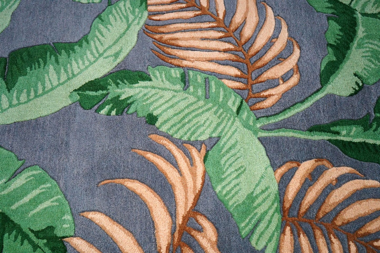 Navy Blue Green Tropical Palm Leaves Hand Tufted Wool Area Rug - Cut Pile Botanical Custom Sizes