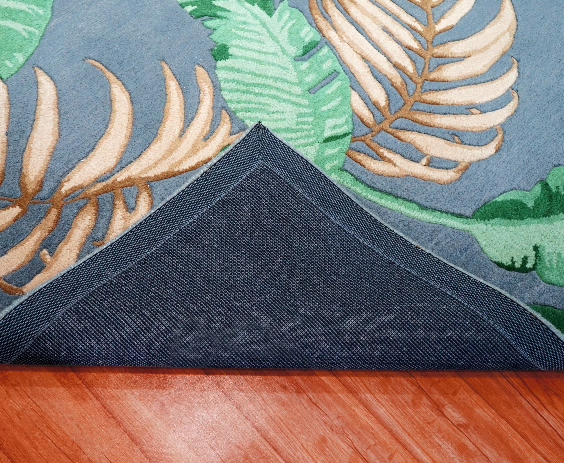 Navy Blue Green Tropical Palm Leaves Hand Tufted Wool Area Rug - Cut Pile Botanical Custom Sizes
