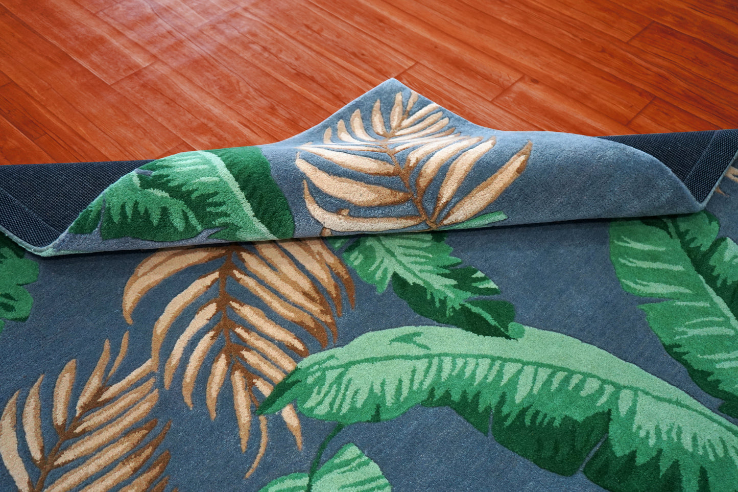 Navy Blue Green Tropical Palm Leaves Hand Tufted Wool Area Rug - Cut Pile Botanical Custom Sizes