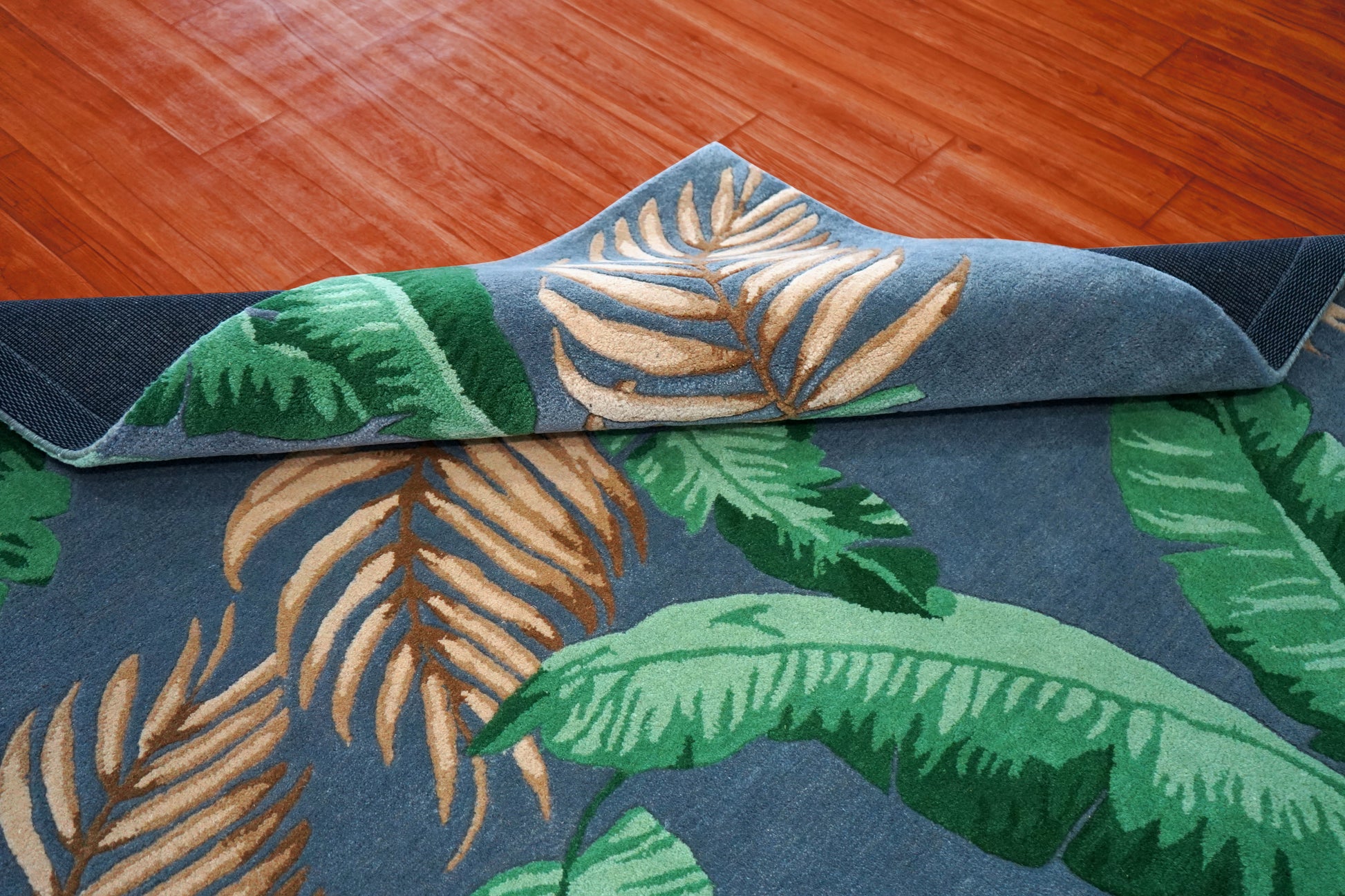 Navy Blue Green Tropical Palm Leaves Hand Tufted Wool Area Rug - Cut Pile Botanical Custom Sizes