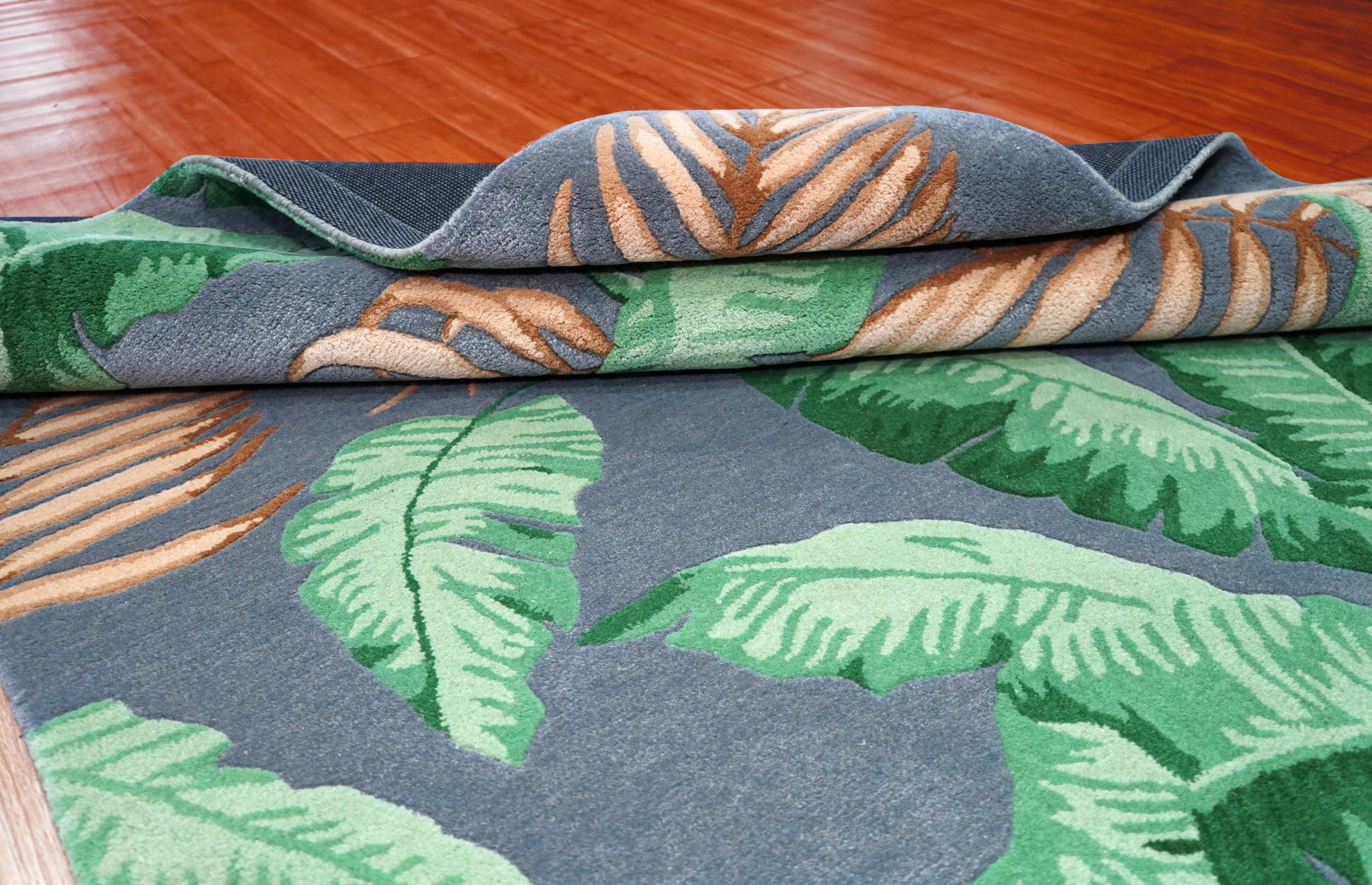Navy Blue Green Tropical Palm Leaves Hand Tufted Wool Area Rug - Cut Pile Botanical Custom Sizes
