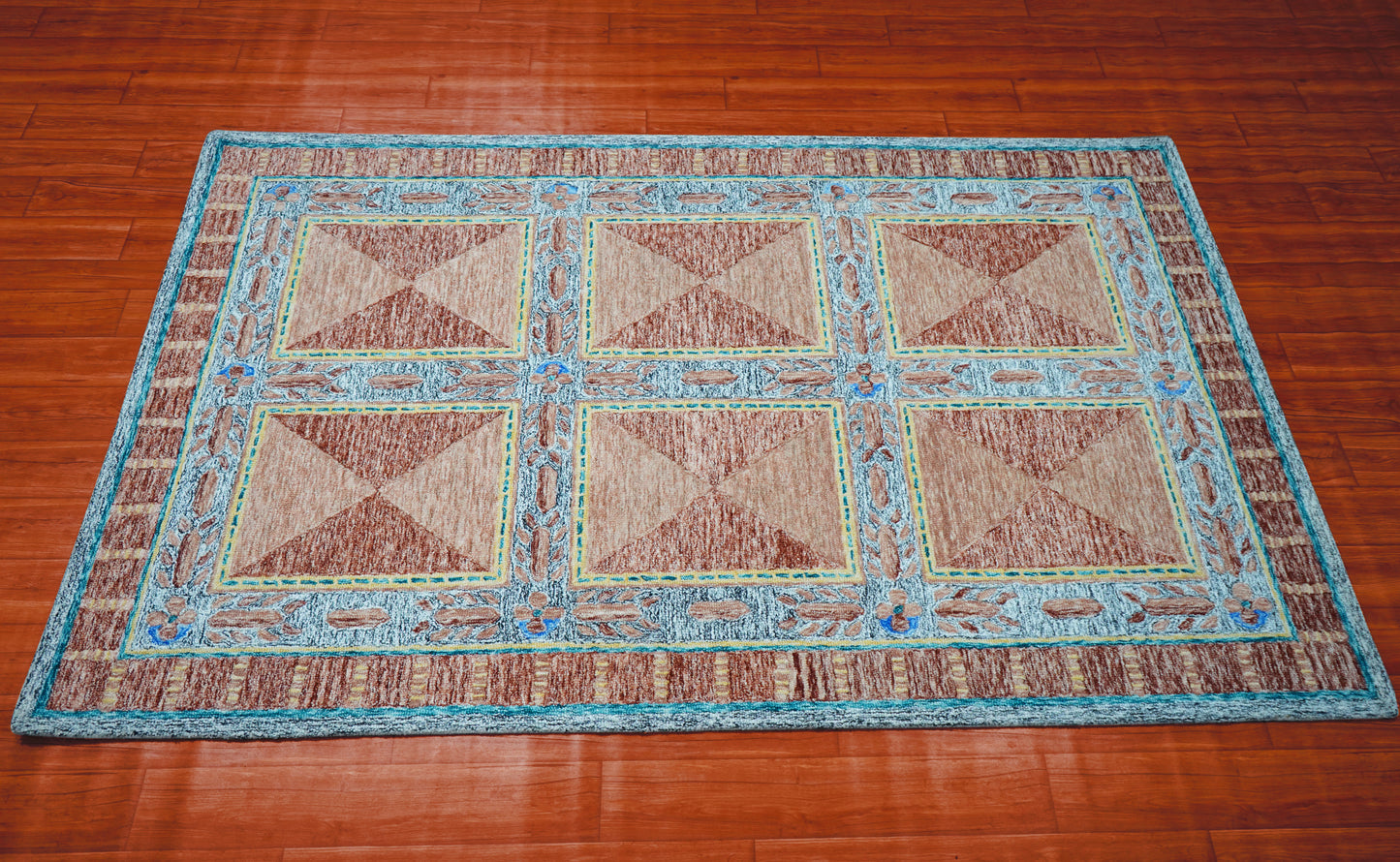 Turquoise Brown Beige Geometric Border Hand Tufted Wool Area Rug - Cut Pile Traditional Custom Sizes
