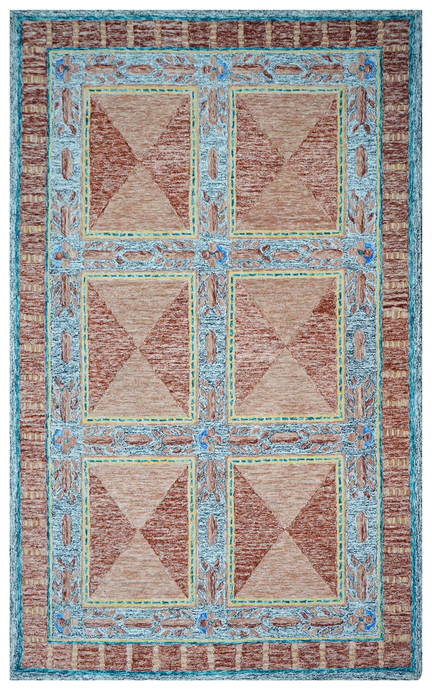 Turquoise Brown Beige Geometric Border Hand Tufted Wool Area Rug - Cut Pile Traditional Custom Sizes