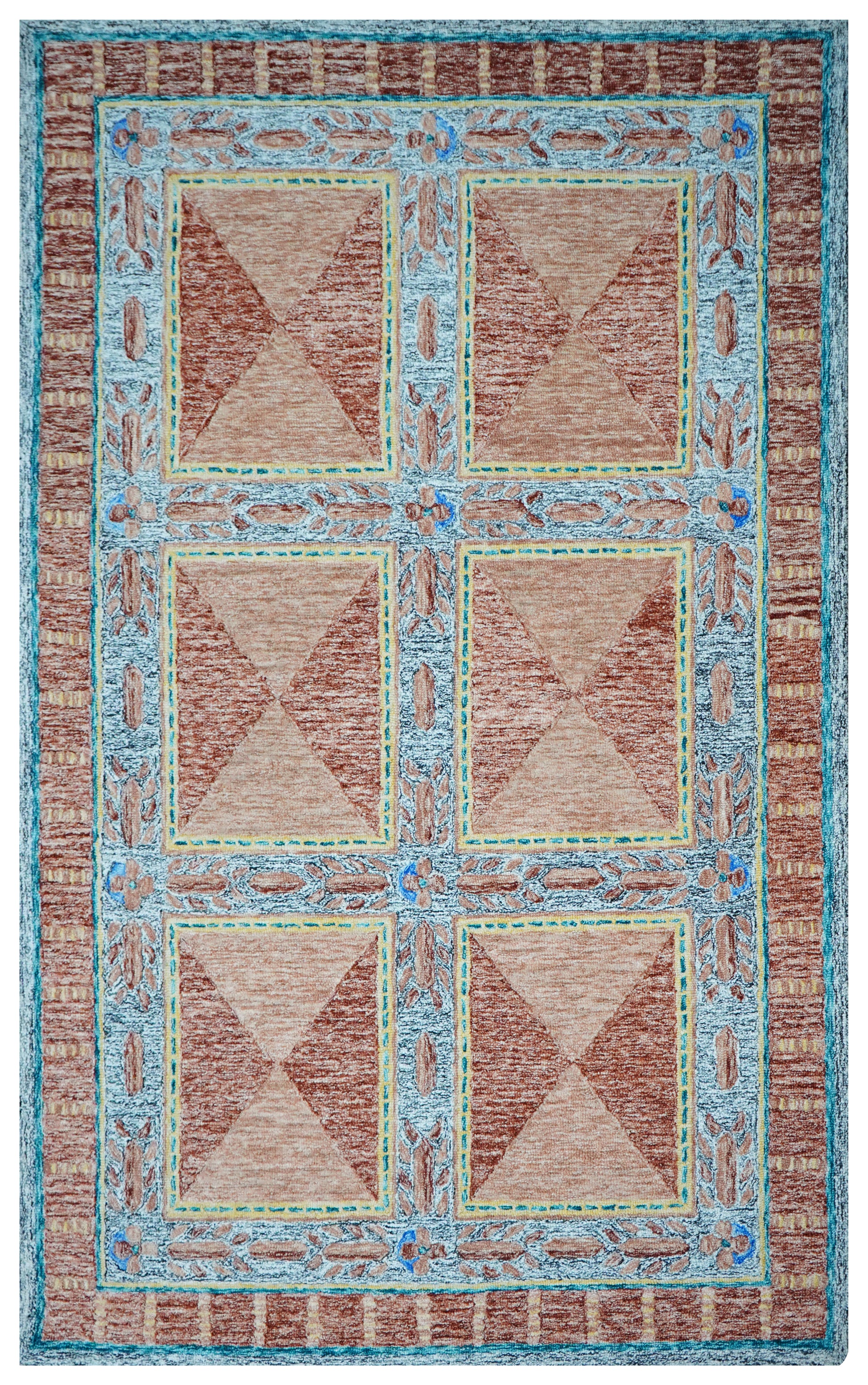 Turquoise Brown Beige Geometric Border Hand Tufted Wool Area Rug - Cut Pile Traditional Custom Sizes