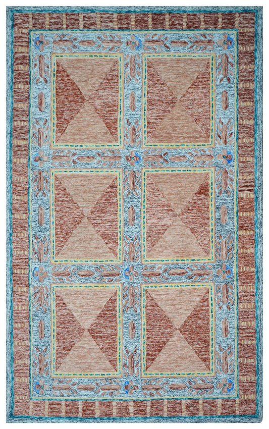 Turquoise Brown Beige Geometric Border Hand Tufted Wool Area Rug - Cut Pile Traditional Custom Sizes