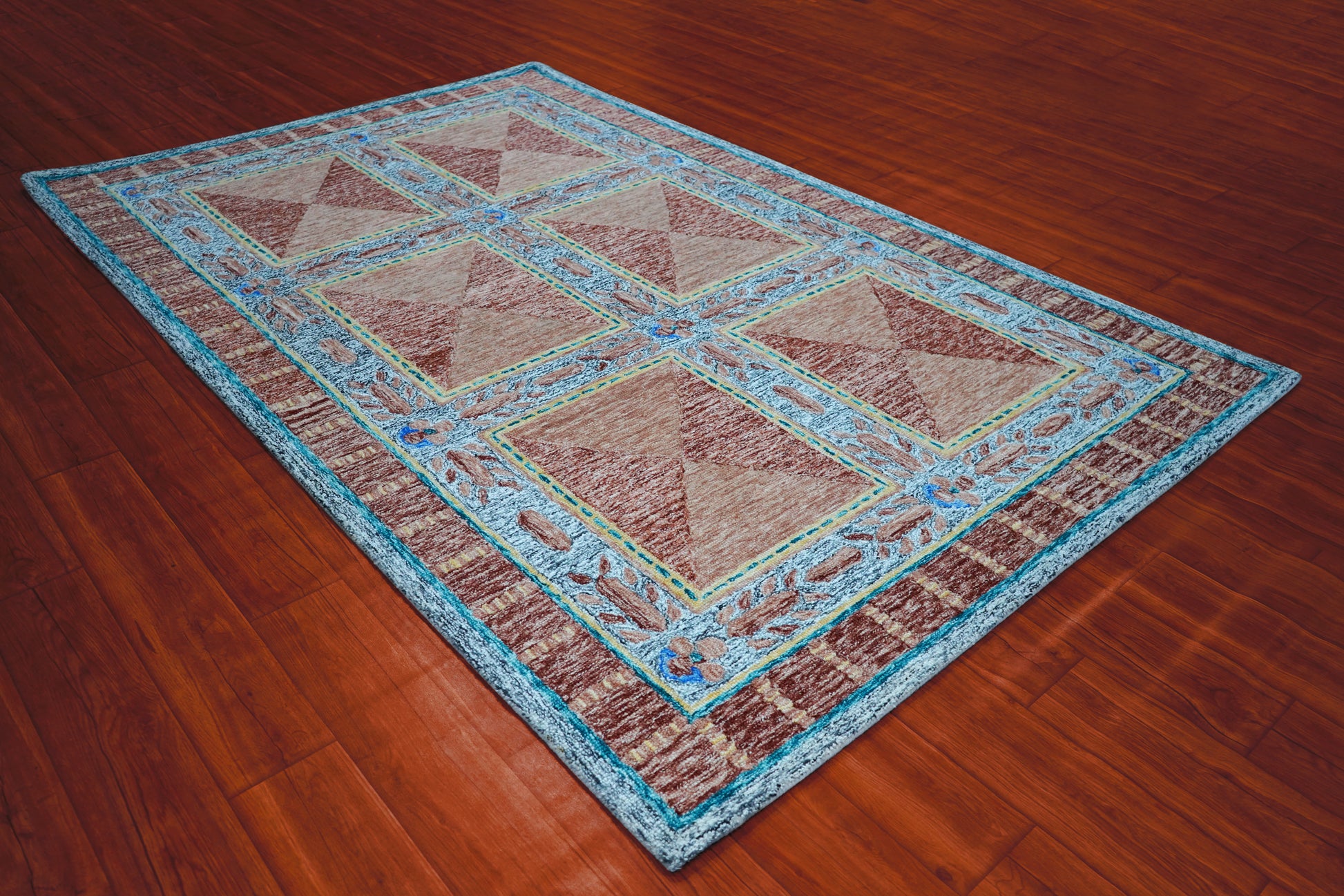 Turquoise Brown Beige Geometric Border Hand Tufted Wool Area Rug - Cut Pile Traditional Custom Sizes