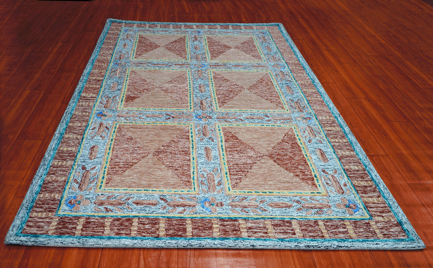 Turquoise Brown Beige Geometric Border Hand Tufted Wool Area Rug - Cut Pile Traditional Custom Sizes