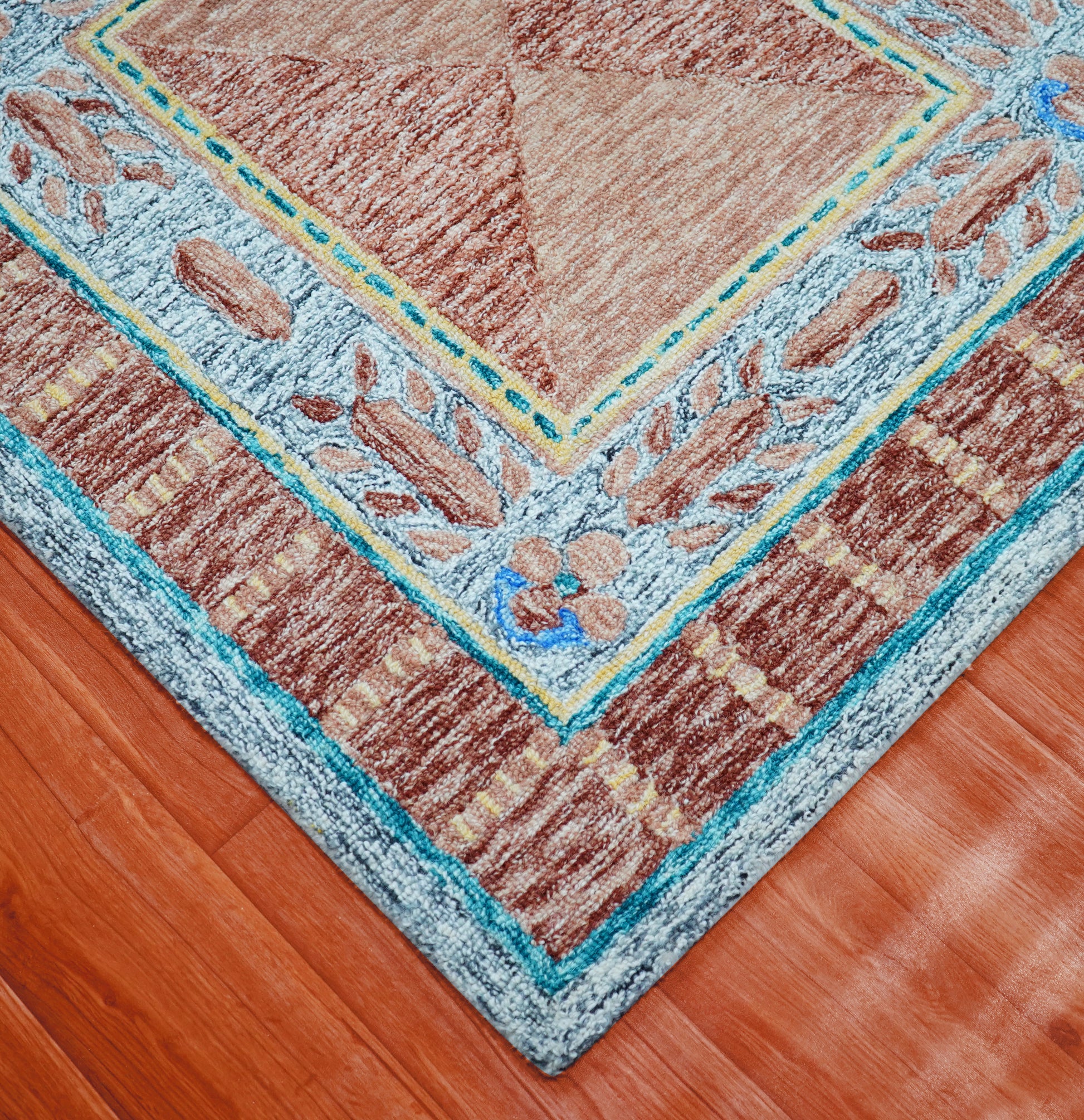 Turquoise Brown Beige Geometric Border Hand Tufted Wool Area Rug - Cut Pile Traditional Custom Sizes