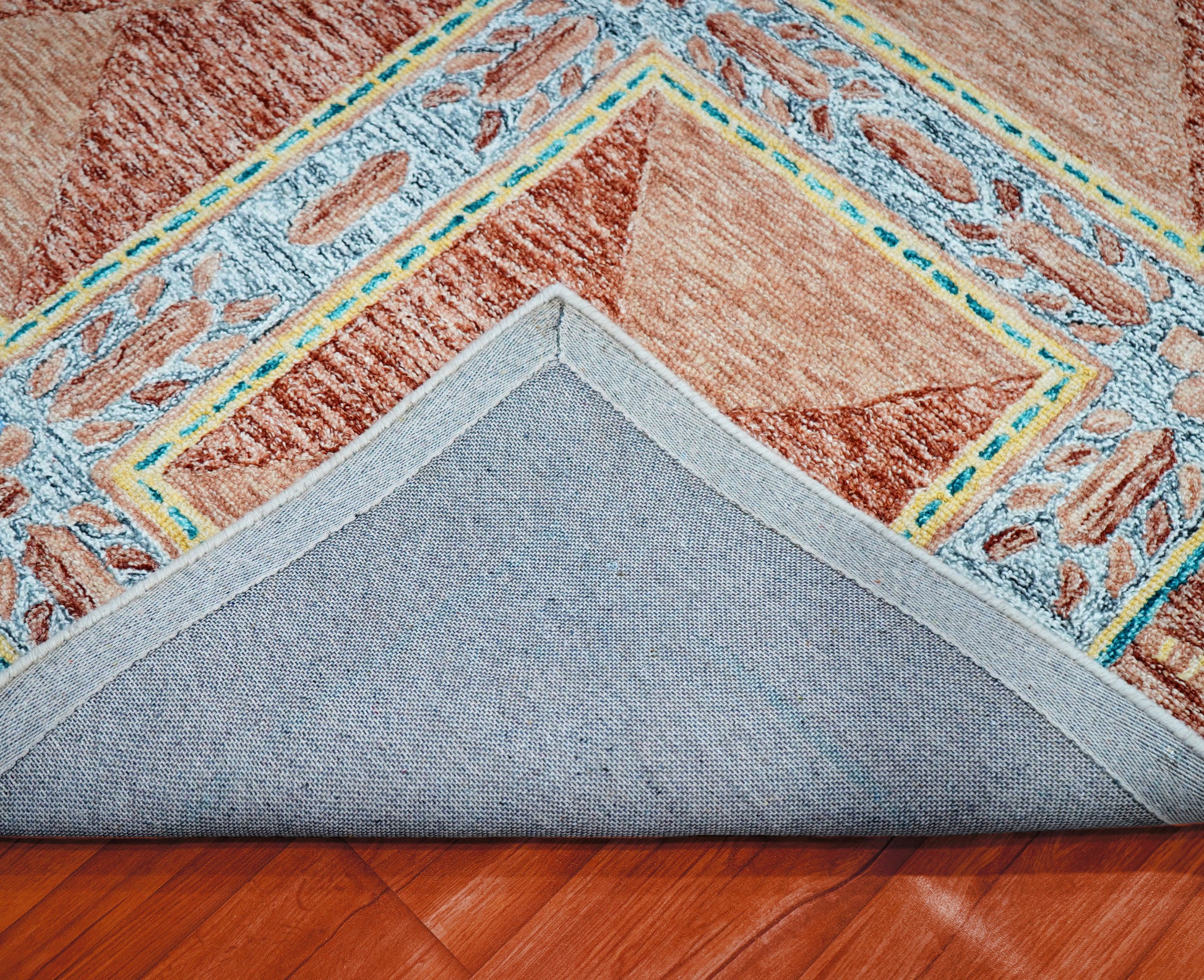 Turquoise Brown Beige Geometric Border Hand Tufted Wool Area Rug - Cut Pile Traditional Custom Sizes