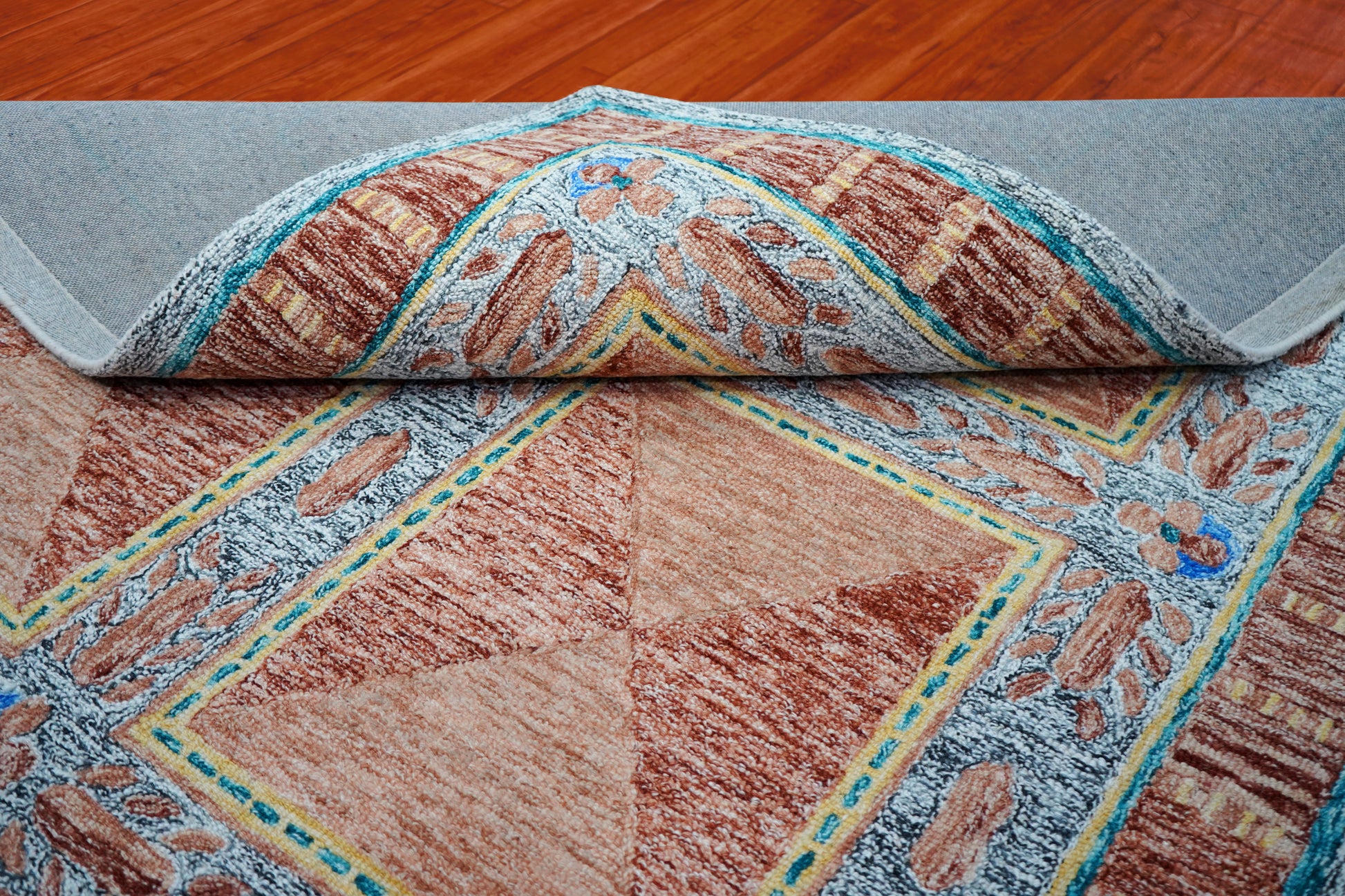 Turquoise Brown Beige Geometric Border Hand Tufted Wool Area Rug - Cut Pile Traditional Custom Sizes