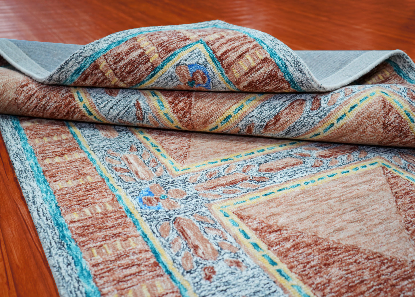 Turquoise Brown Beige Geometric Border Hand Tufted Wool Area Rug - Cut Pile Traditional Custom Sizes