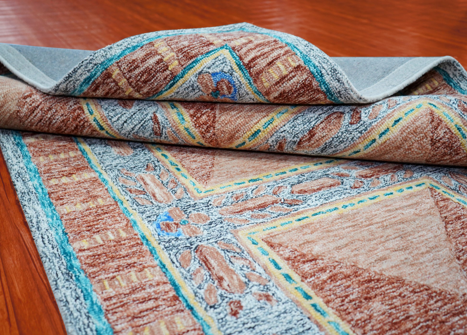 Turquoise Brown Beige Geometric Border Hand Tufted Wool Area Rug - Cut Pile Traditional Custom Sizes