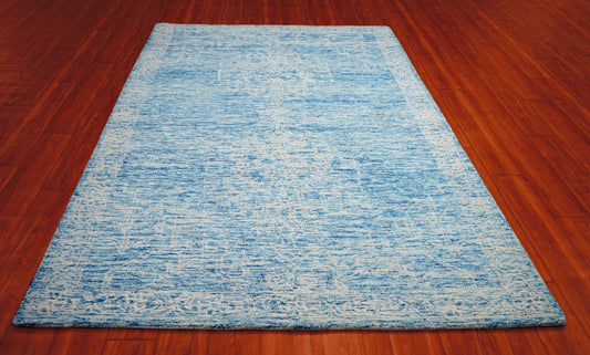 Light Blue Aqua Textured Solid Hand Tufted Wool Area Rug - Cut Pile Minimalist Custom Sizes