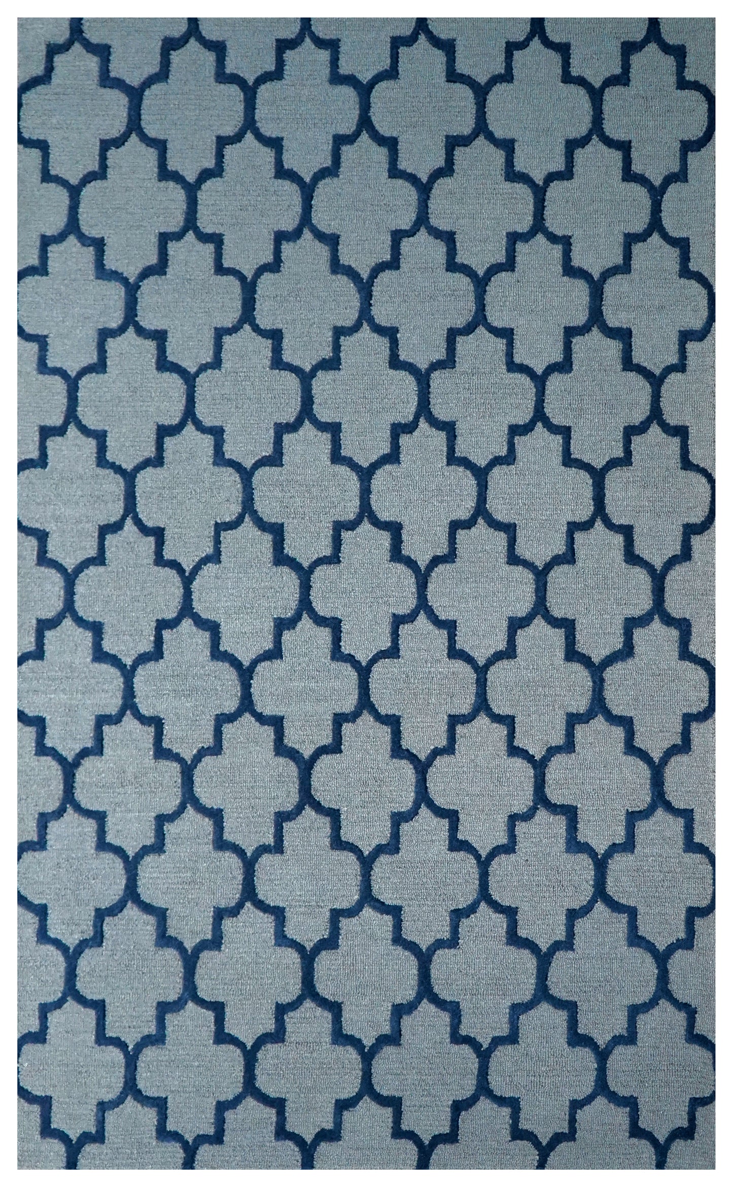 Grey Navy Moroccan Quatrefoil Trellis Hand Tufted Wool Area Rug - Cut Pile Geometric Custom Sizes