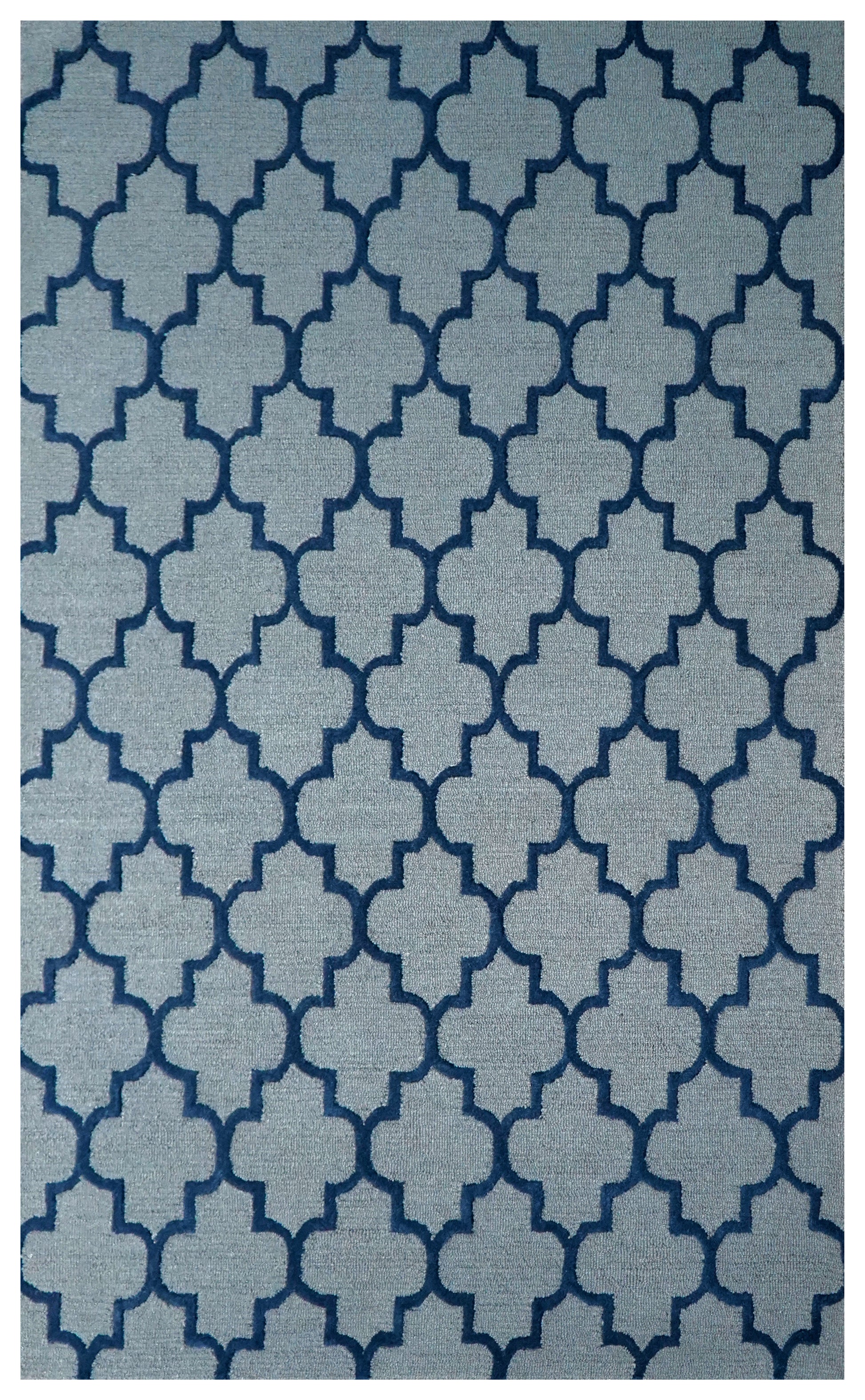 Grey Navy Moroccan Quatrefoil Trellis Hand Tufted Wool Area Rug - Cut Pile Geometric Custom Sizes