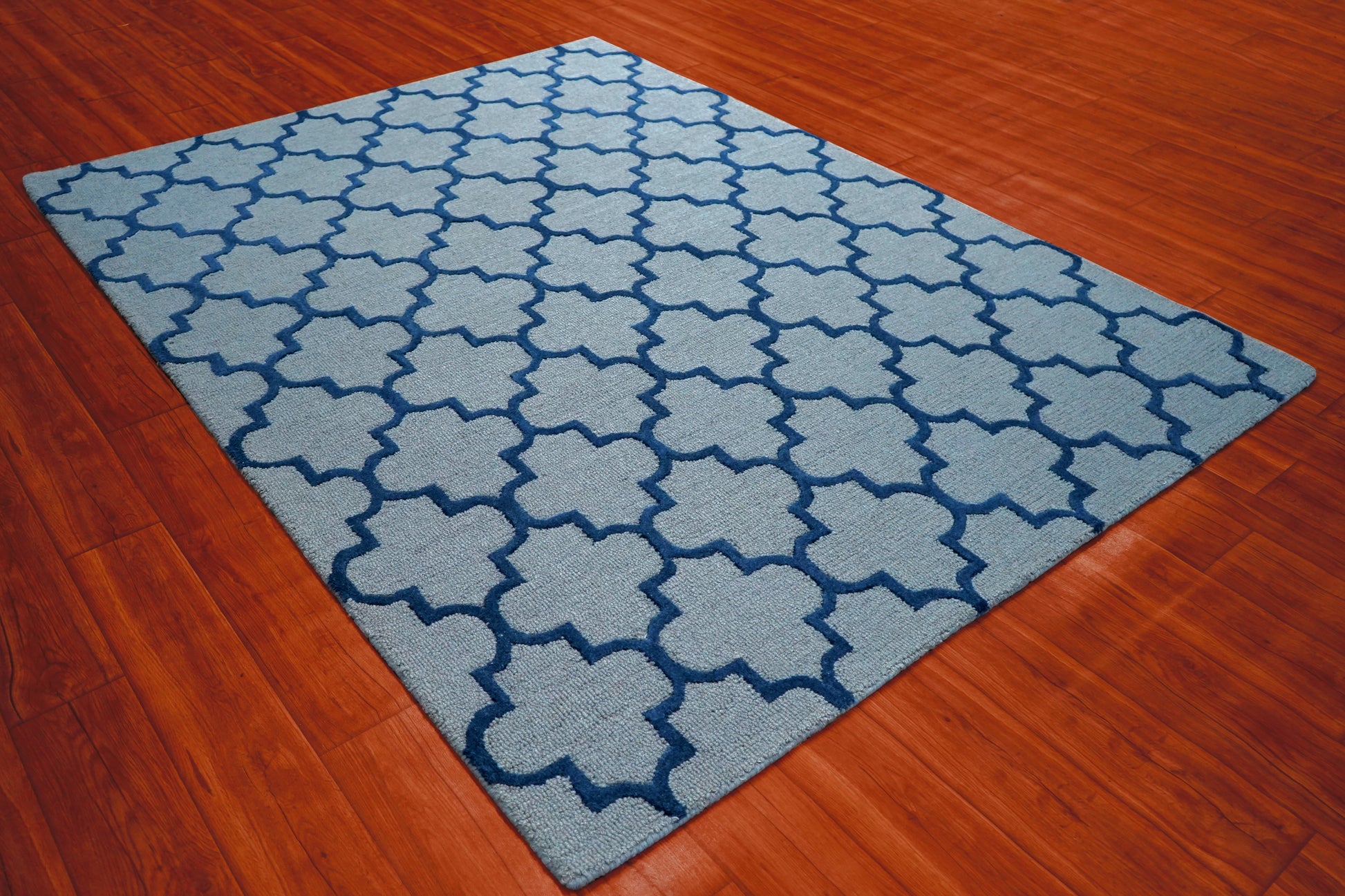 Grey Navy Moroccan Quatrefoil Trellis Hand Tufted Wool Area Rug - Cut Pile Geometric Custom Sizes