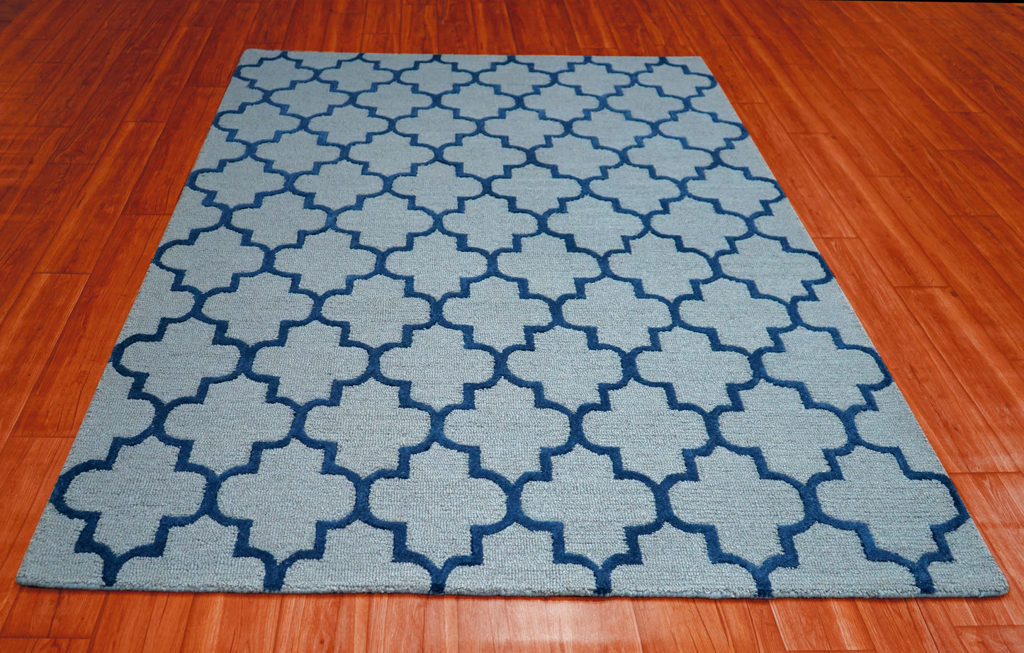 Grey Navy Moroccan Quatrefoil Trellis Hand Tufted Wool Area Rug - Cut Pile Geometric Custom Sizes